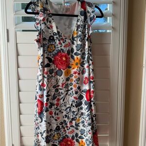 LOFT Floral Midi Dress with Red and Yellow Accents